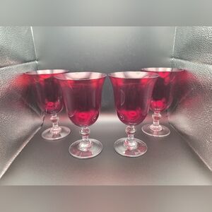 Set of 4 Ruby Red with Clear Stem Water Goblets GLOWS